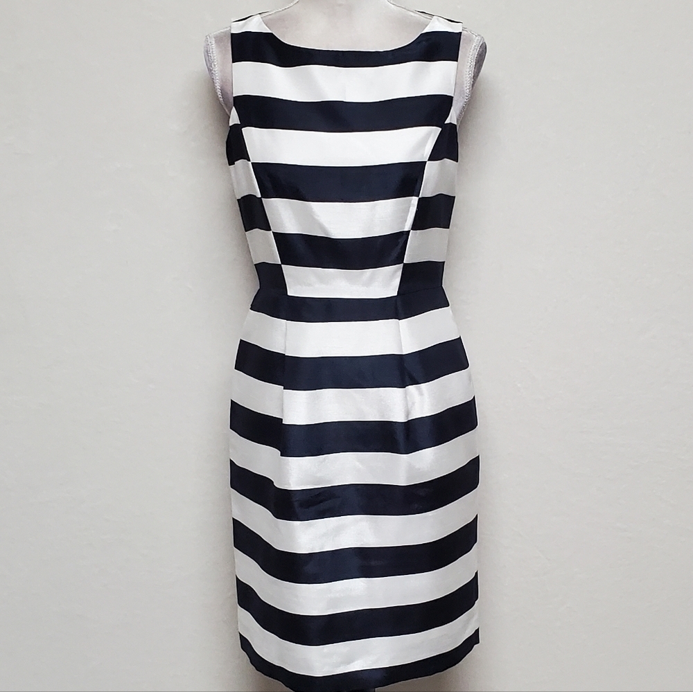 Antonio Melani Kate Striped Shantung Navy Blue White Sleeveless Dress 4 - Picture 2 of 12